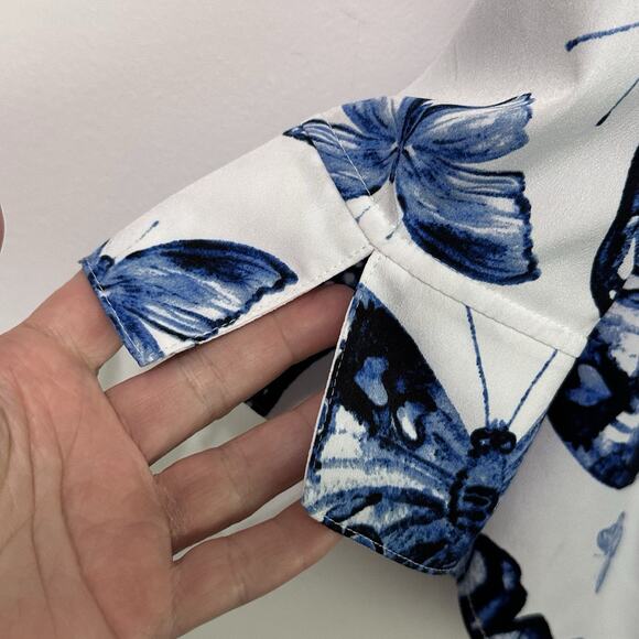 Paige Investments Blouse Popover Top S Blue Butterfly Summer Spring Party V Neck - Picture 5 of 9